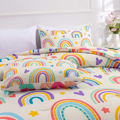 Btargot 3 Piece Kids Rainbow Comforter Set with 2 Pillow Covers, Cartoon Love Hearts Suns and Stars Bedding Set for Girls Boys Kids, Full Beige