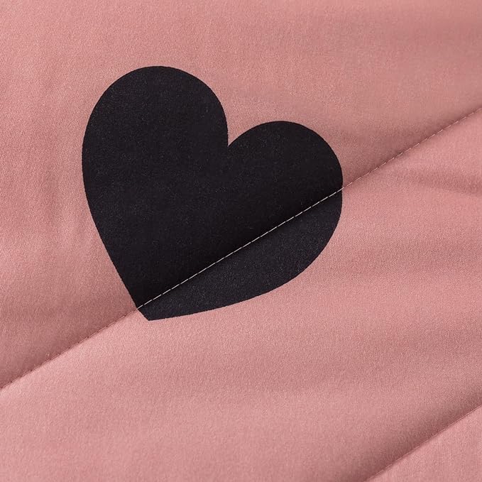 Love Pattern Girls Pink Comforter Set Twin Size, Cameo Brown Cute Love Heart Print Sexy Comforter Bedding Set for All Seasons, Geometric Soft Microfiber Comforter Set with Pillowcase