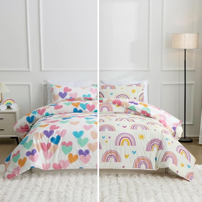 Btargot Lightweight Soft 3 Piece Rainbow Comforter Set with 2 Pillow Covers, Cartoon Love Hearts Suns and Stars Bedding Set for Girls Boys Kids, Queen Purple