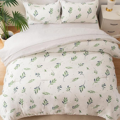 EMME King Comforter Set - Sage Green Floral Bedding Set 7 PCS with Nature Leaves Pattern, Soft Leaf Printed Botanical Bed Set with Sheets, Fluffy Bed Bag for All Season(102"X90")