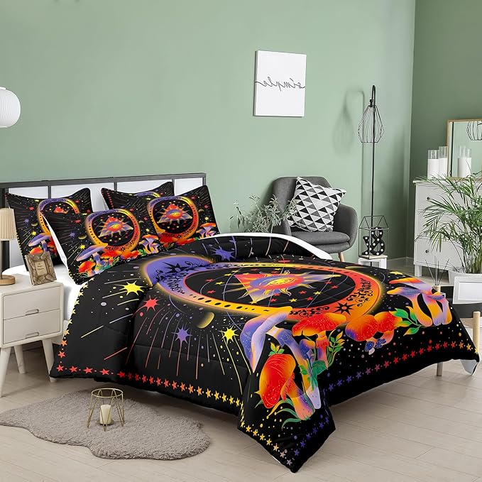 Tailor Shop Celestial Bedding Twin Size,Sun and Moon Bedding for Boys Girls Kids Teens, Mushroom Comforter Gothic Comforter Witchy Comforter Boho Exotic Black Bed with 1 Pillowcases