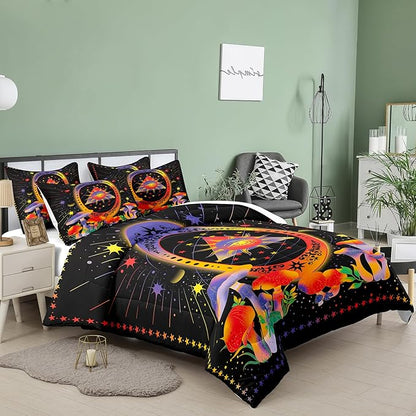 Tailor Shop Celestial Bedding Twin Size,Sun and Moon Bedding for Boys Girls Kids Teens, Mushroom Comforter Gothic Comforter Witchy Comforter Boho Exotic Black Bed with 1 Pillowcases