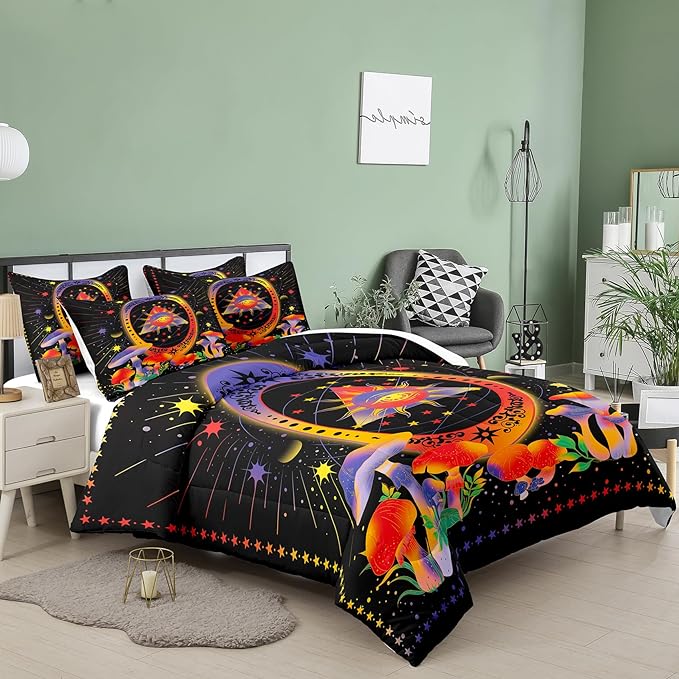 Tailor Shop Celestial Bedding Queen Size,Sun and Moon Bedding for Boys Girls Kids Teens, Mushroom Comforter Gothic Comforter Witchy Comforter Boho Exotic Black Bed with 2 Pillowcases