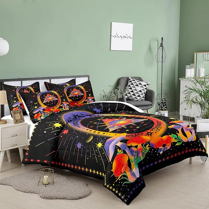 Tailor Shop Celestial Bedding Queen Size,Sun and Moon Bedding for Boys Girls Kids Teens, Mushroom Comforter Gothic Comforter Witchy Comforter Boho Exotic Black Bed with 2 Pillowcases