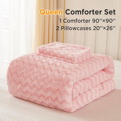 Andency Pink Fleece Comforter Set Queen Size, 3 Pieces Plush Shaggy Faux Fur Bed Comforter Set for Queen Bed, Fuzzy Fluffy Warm Bedding Set for Women Girls