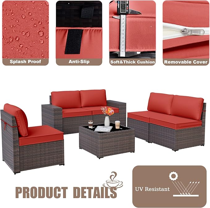 Patio Furniture Set Sofa 6-Piece Wicker PE Rattan Sectional Sofa Set, Outdoor Furniture Patio Conversation Set with Glass Coffee Table and Cushions, Red