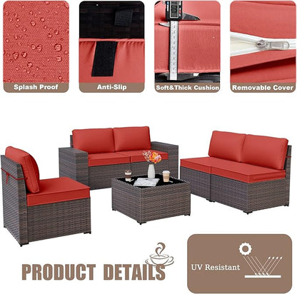 Patio Furniture Set Sofa 6-Piece Wicker PE Rattan Sectional Sofa Set, Outdoor Furniture Patio Conversation Set with Glass Coffee Table and Cushions, Red