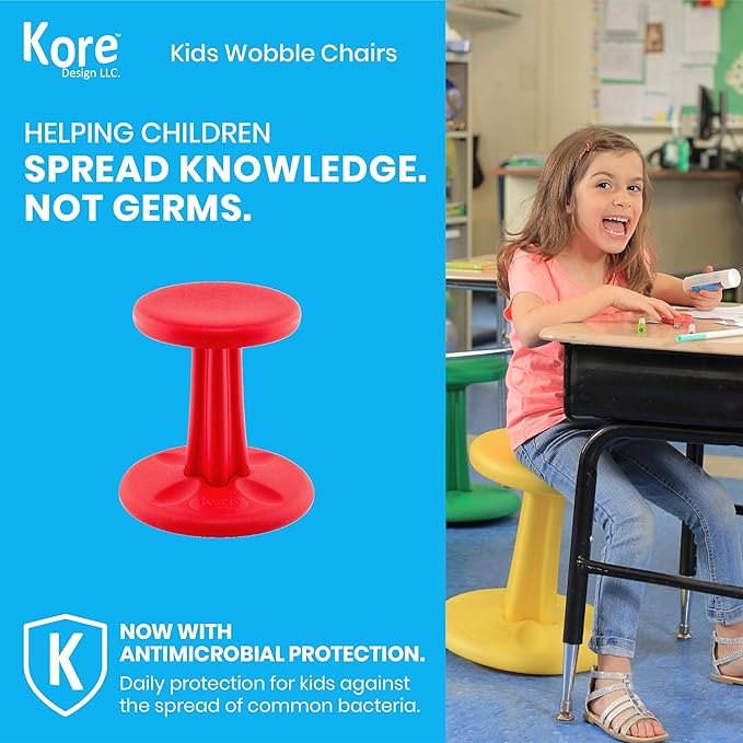 Kore Kids Junior Wobble Chair - Flexible Seating Stool for Classroom, Elementary School, ADD/ADHD - Made in The USA - Junior- Age 8-9, Grade 3-4, Red (16in)