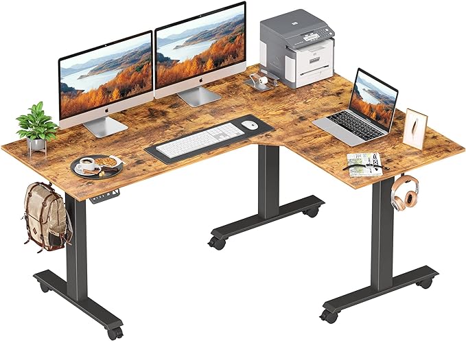 FEZIBO Triple Motor 63" L Shaped Standing Desk, Electric Standing Gaming Desk Adjustable Height, Corner Stand up Desk with Splice Board, Black Frame/Rustic Brown Top
