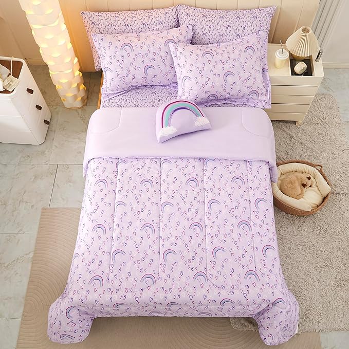 Mooreeke Queen Size Comforter Sets for Girls Kids, 8 Pieces Bed in a Bag Purple Love Heart Rainbow Bedding Comforter Sheet Set with Shams and Decorative Toy Pillow, Ultral Soft Microfiber Kids Bed Set