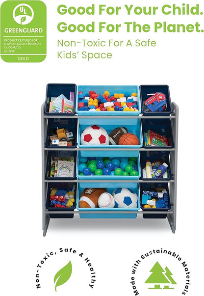 Delta Children Kids Toy Storage Organizer with 12 Plastic Bins - Greenguard Gold Certified, Grey/Blue