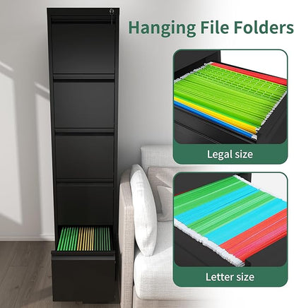 5 Drawer Vertical File Cabinet, Metal File Cabinets with Lock for Home Office, Heavy Duty Office Steel Filing Cabinet for Hanging Files for A4/ Legal/Letter,Assembly Required (Black)