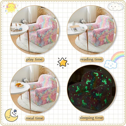 Toddler Chair Kids Plush Chair Sherpa Kids Chairs, Toddler Couch Bean Bag Chairs for Kids Gaming Chair for Kids Glow in The Dark, Rainbow Pink