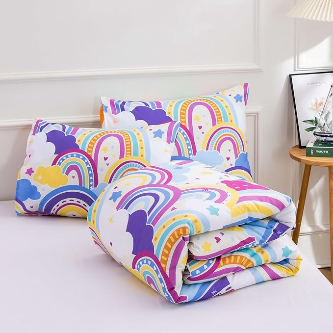 Btargot Lightweight Soft 3 Piece Rainbow Comforter Set with 2 Pillow Covers, Cartoon Love Hearts Flowers and Sun Star Bedding Set for Girls Boys Kids,Queen Light Purple