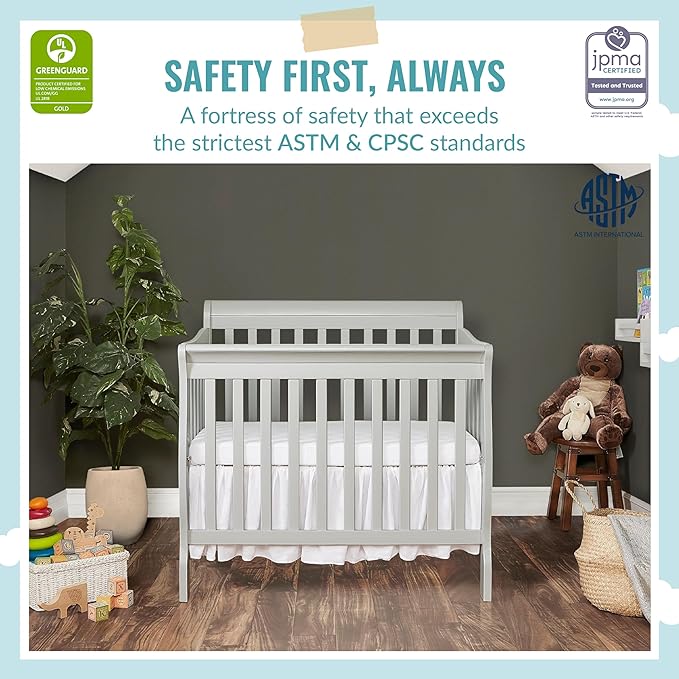 Aden 4-in-1 Convertible Mini Crib in Grey, Greenguard Gold Certified & Sunset 3” Extra Firm Fiber Crib Mattress, Greenguard Gold Certified, Waterproof Vinyl Cover, Baby Mattresses