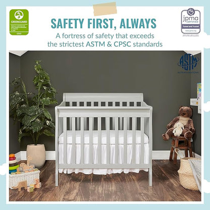 Aden 4-in-1 Convertible Mini Crib in Grey, Greenguard Gold Certified & Sunset 3” Extra Firm Fiber Crib Mattress, Greenguard Gold Certified, Waterproof Vinyl Cover, Baby Mattresses