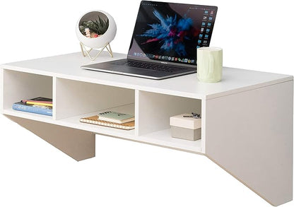 Wall Mounted Office Computer Desk with Three Compartments, White