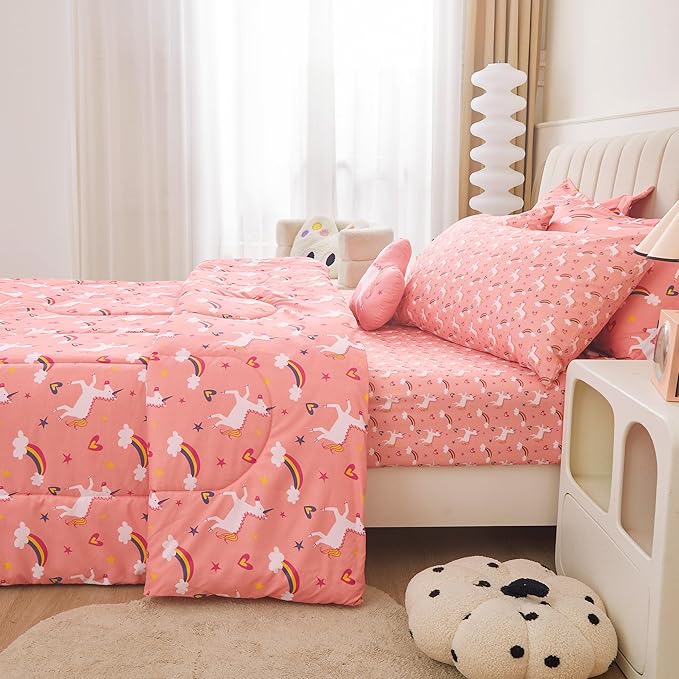 Mooreeke Full Size Comforter Sets for Girls Kids, 8 Pieces Bed in a Bag Pink Unicorn Rainbow Bedding Comforter Sheet Set with Shams and Decorative Toy Pillow, Ultral Soft Microfiber Kids Bed Set