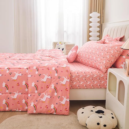 Mooreeke Full Size Comforter Sets for Girls Kids, 8 Pieces Bed in a Bag Pink Unicorn Rainbow Bedding Comforter Sheet Set with Shams and Decorative Toy Pillow, Ultral Soft Microfiber Kids Bed Set