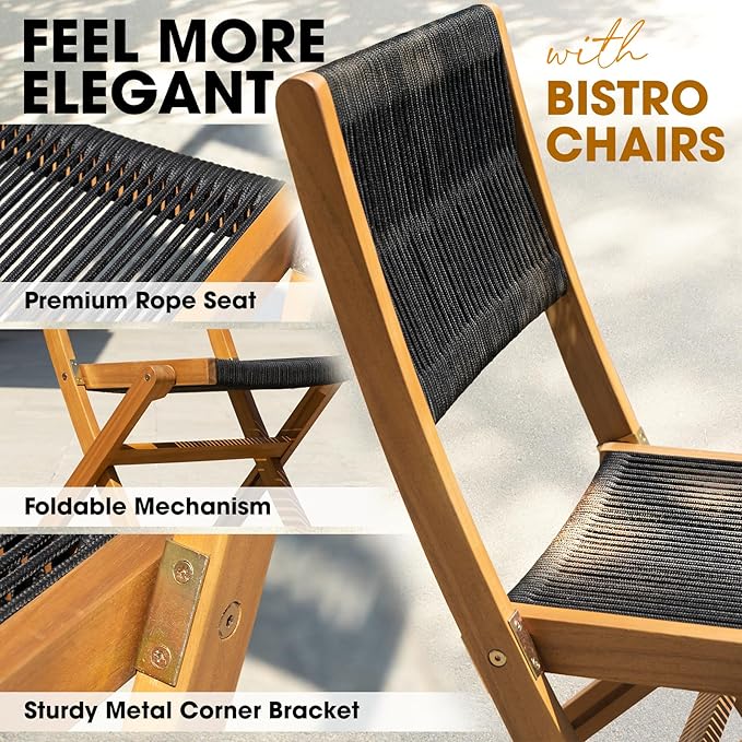 Solid Sauvage Bistro Set with Round Table (Grey), Wood Rope Design - Black
