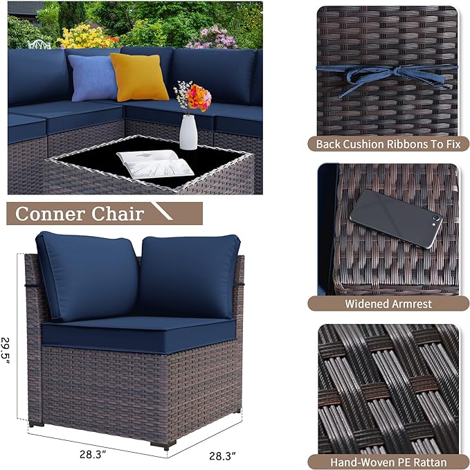 Patio Furniture Sectional Sofa Set 10-Pieces PE Rattan Swivel Rocking Chairs Outdoor Furniture Set w/43in Gas Fire Pit Table, Patio Conversation with 55000 BTU Propane Fire Pit, Navy Blue