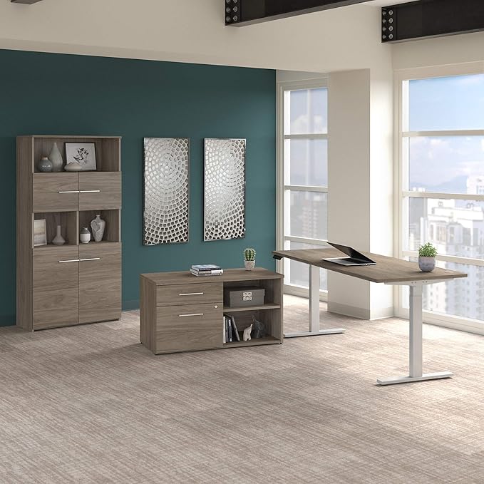 Bush Business Furniture Office 500 72W Height Adjustable Standing Desk with Storage and Bookcase in Modern Hickory