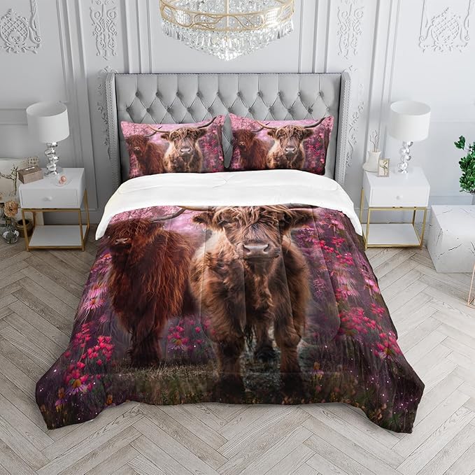 Cow Print Comforter Set Twin Size Cherry Blossoms Cow Bedding Set Farmhouse Animals Quilt Bed Set with 1 Comforter and 2 Pillowcases