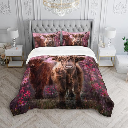 Cow Print Comforter Set Twin Size Cherry Blossoms Cow Bedding Set Farmhouse Animals Quilt Bed Set with 1 Comforter and 2 Pillowcases