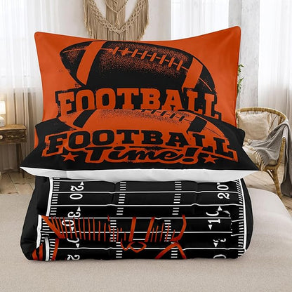 Tailor Shop Sports Football Comforter Set for Boys Kids Teens ，Football Bedding Sets Full Size Black Rugby Theme Bedding Set with 2 Comforter 2 Pillowcases