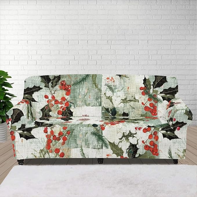FKELYI Christmas Sofa Cover Stretch Couch Covers Xmas Poinsettia Berry Printed Non Skid Cushion Couch Sofa Slipcover Furniture Protector-XL