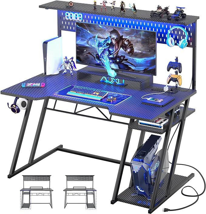 Gaming Computer Desk with Shelves and Outlets, Gaming Desk with Hutch and LED Lights, Reversible PC Gaming Desk with Pegboard, Carbon Fiber Black 47''