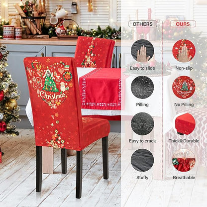 6PCS Christmas Dining Chair Covers, Stretch Removable Washable Dining Room Chair Protector Slipcovers, Xmas Tree Heart Kitchen Chair Cover, Slipcover Protector for Xmas Holiday Party Home Décor