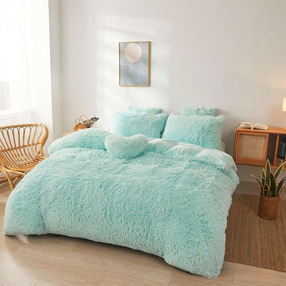 FOPPA Green fluffy Comforter Cover Set king- Ultra Soft fluffy green Bedding Sets 3 Pieces (1 Duvet Cover + 2 Pillow case) green fluffy bed set (Mint Green, King)