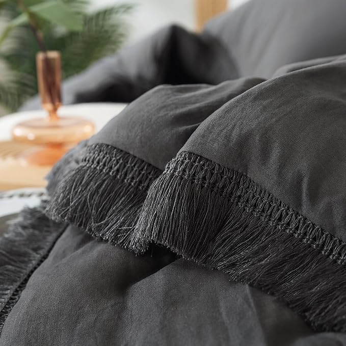 Andency Full Size Comforter Set Dark Grey, 3 Pieces Boho Lightweight Bedding Comforters & Sets, All Season Soft Tassel Bed Set (78x90In Comforter & 1 Pillowcase)