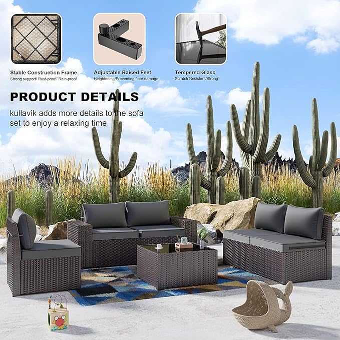 Kullavik 13PCS Outdoor Patio Furniture Set with 43" 55000BTU Gas Propane Fire Pit Table PE Wicker Rattan Sectional Sofa Patio Conversation Sets,Grey