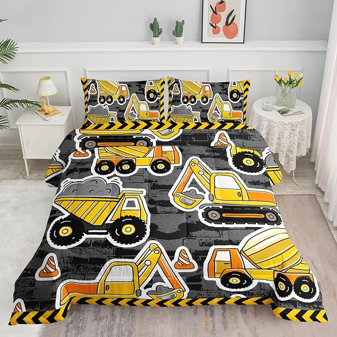 Datura home Kids Construction Truck Comforter Set for Boys Kids,Excavators Truck Machinery Vehicles Tractor Printed Bedding Set with 1 Comforter and 2 Pillowcases(Truck Yellow Full), Full 80x90inches