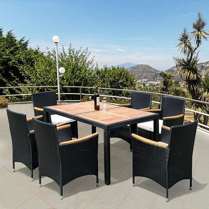 7-Piece Outdoor Dining Table Set with Acacia Wood TableTop and 6 Chairs, Rattan Wicker Patio Furniture for Garden Backyard Poolside, Onesize, Black