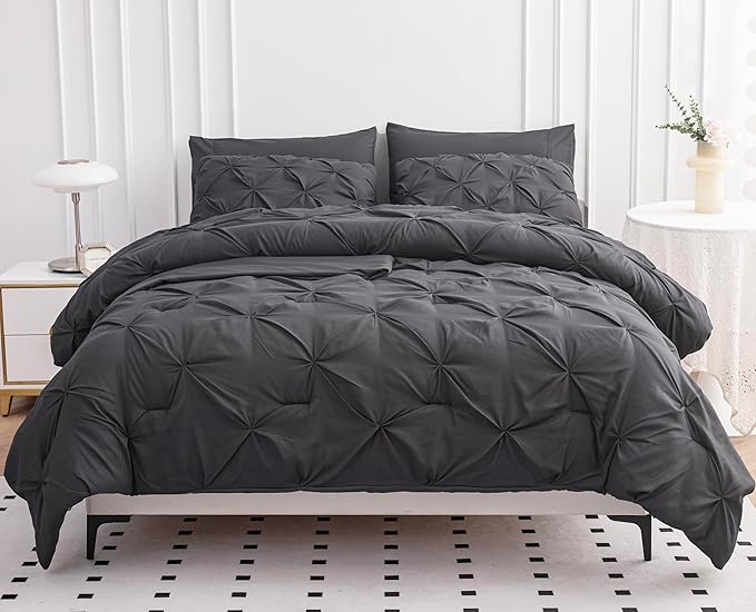 LANE LINEN Queen Size Comforter Set, 7 Piece Bedding Queen Size, Pintuck Comforters Queen Size Bed Set, Soft Queen Bed in a Bag Set, Queen Bed Comforter Set with Sheets, Pillowcases & Shams - Grey