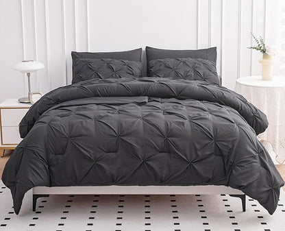 LANE LINEN Queen Size Comforter Set, 7 Piece Bedding Queen Size, Pintuck Comforters Queen Size Bed Set, Soft Queen Bed in a Bag Set, Queen Bed Comforter Set with Sheets, Pillowcases & Shams - Grey