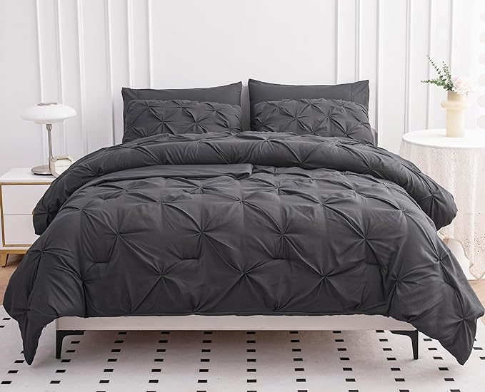 LANE LINEN Twin Comforter Set with Sheets, 5 Piece Twin Bed in a Bag Set, Pintuck Twin Bedding Sets, Ultra Soft Twin Bed Set, Fluffy Comforter, Twin Size Comforter Set with Pillowcases & Shams - Grey