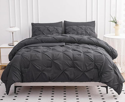 LANE LINEN Twin Comforter Set with Sheets, 5 Piece Twin Bed in a Bag Set, Pintuck Twin Bedding Sets, Ultra Soft Twin Bed Set, Fluffy Comforter, Twin Size Comforter Set with Pillowcases & Shams - Grey