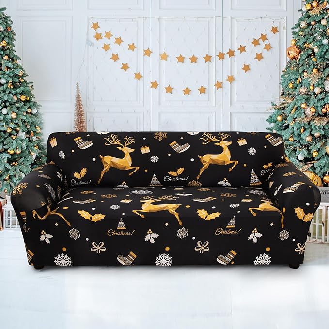 Mybedsoul Christmas Printed Black Sofa Cover Reindeer Printed Elastic Couch Cover Machine Washable Christmas Theme Red Sofa Slipcover for Living Room(3 Seater/Loveseat)