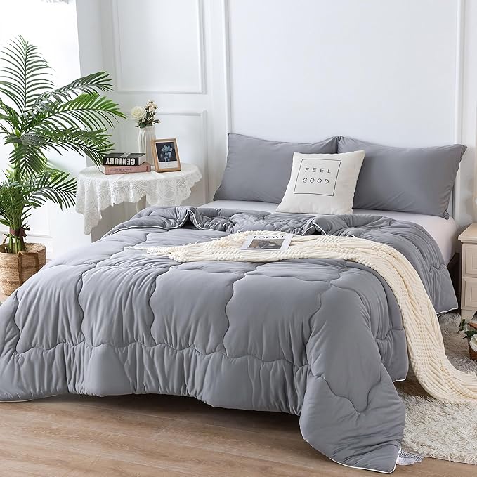 COTTEBED Ultra-Soft King Size Comforter Set, California Cal King Jersey Knit T-Shirt Feel Cozy Durable Cozy Fully Breathable Quilt Bedding Down Blanket and Pillowcase for All Season Use, Dark Gray