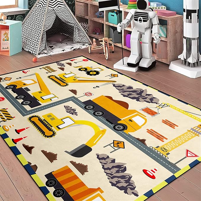 Construction Play Mat Car Rug Play Mat Construction Rugs for Boys Room Car Rug for Boys Room Construction Decor for Boys Room Playroom Rug for Livingroom 5'×7'