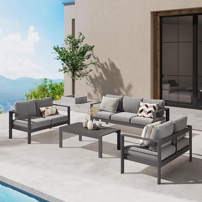 Wisteria Lane Aluminum Outdoor Patio Furniture Set, Modern Patio Conversation Sets, Outdoor Sectional Metal Sofa with 5 Inch Cushion and Coffee Table for Balcony, Garden, Dark Grey