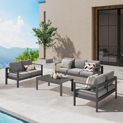 Wisteria Lane Aluminum Outdoor Patio Furniture Set, Modern Patio Conversation Sets, Outdoor Sectional Metal Sofa with 5 Inch Cushion and Coffee Table for Balcony, Garden, Dark Grey