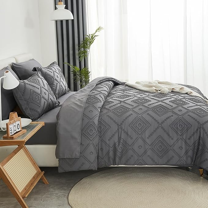 EMME Twin Comforter Set - 5 Pcs Dark Grey Boho Bedding Sets, Twin Size Tufted Comforter with Sheets, Shabby Chic Embroidery Bed Set Fluffy Bed Bag for All Season(68"X90")