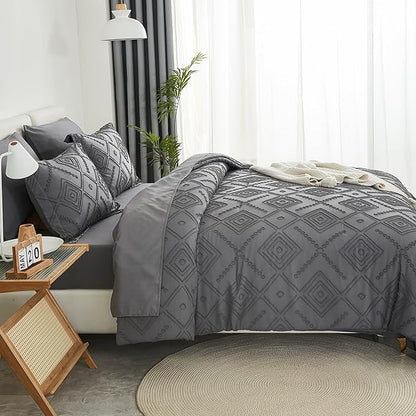 EMME Twin Comforter Set - 5 Pcs Dark Grey Boho Bedding Sets, Twin Size Tufted Comforter with Sheets, Shabby Chic Embroidery Bed Set Fluffy Bed Bag for All Season(68"X90")
