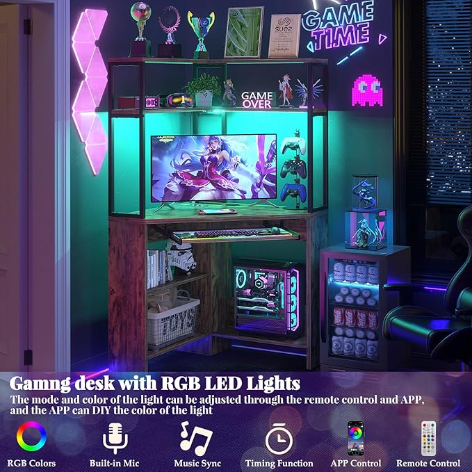 Cyclysio Small Corner Desk with Hutch, Heavy Duty Corner Computer Desk with Power Outlets & LED Light, Triangle Corner Gaming Desk with Keyboard Tray for Home Office, Small Space, Workstation Brown