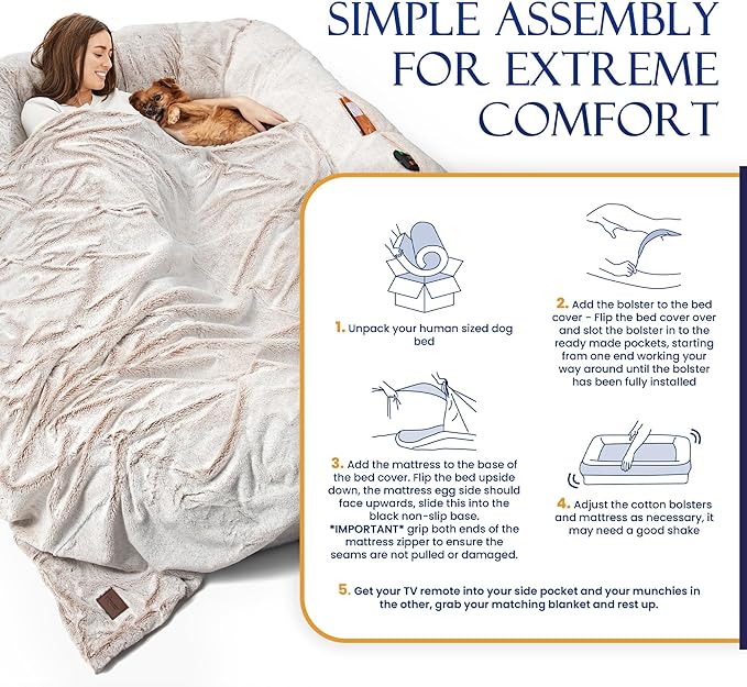 Human Dog Bed for Adult - Giant Dog Bed for Humans – Fluffy with Washable Cover, Nonslip, Waterproof Lining, Storage Pockets, Soft blanket – Ideal for Adults and Kids, Sized to Fit Small to Large Pets